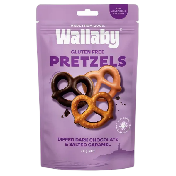 Wallaby Gf Pretzels Dipped Dark Choc & Salted Caramel 70g