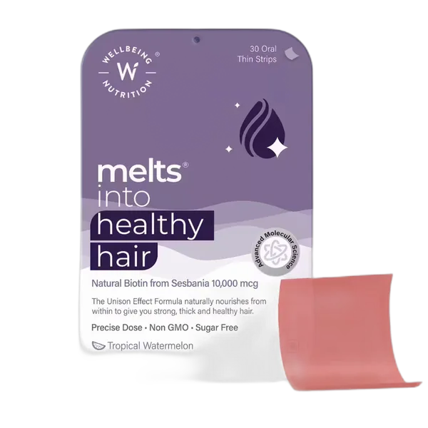 Wellbeing Nutrition Melts Healthy Hair Biotin Tropical W/Melon Strips 30s