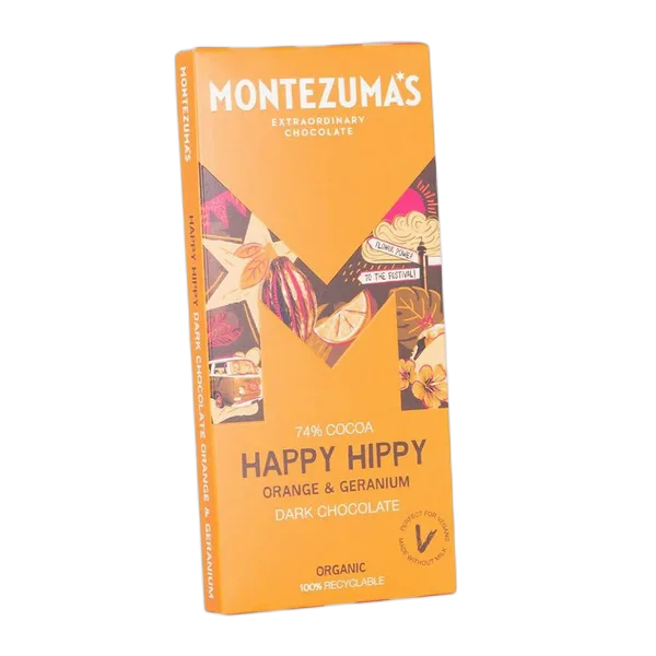 Montezuma'S Org H/Hippy Orange & Geranium Dark Choc (74% Cocoa) 90g