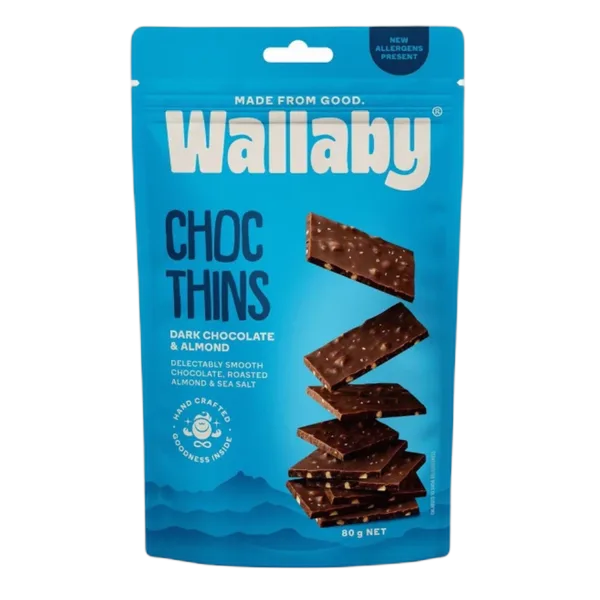 Wallaby Gf Thins Dark Choc & Almond 80g