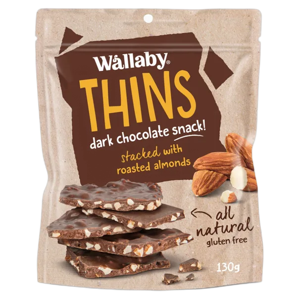 Wallaby Gf Thins Dark Choc Roasted Almonds + Sea Salt 130g