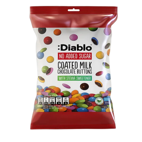 Diablo Nas Coated Milk Choc Buttons With Stevia 22g #Chk-022-Tub-P20