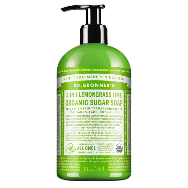 Dr Bron M Org 4 In 1 Lemongrass Lime Sugar Liq Soap 12oz/355ml #Sd0505