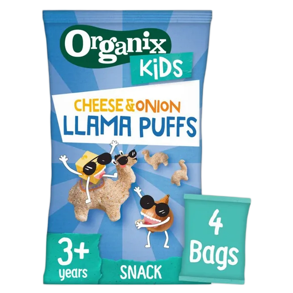Organix Kids Wholegrain Cheese & Onion Llama Puffs 48g #340123 (X4)